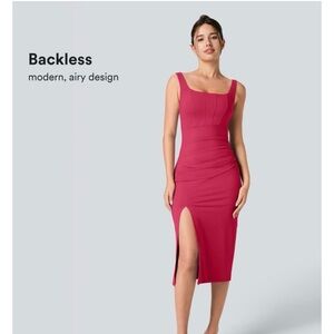 Halara Square Neck Backless Corset Ruched Split Bodycon Midi Casual Dress